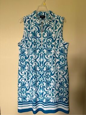 MSK Teal & White Sleeveless Zip-Front Printed Shift Dress